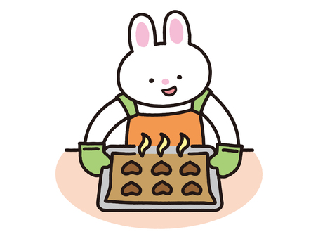 焼けたクッキー生地と喜ぶうさぎ うさぎ,動物,料理,お菓子作り,製菓,完成,夢中,趣味,調理,キッチンのイラスト素材