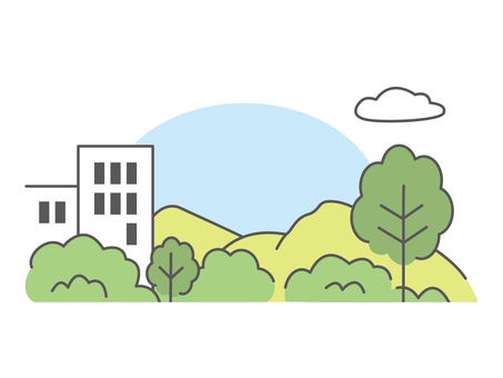 夏の山や新緑の木の見える地方都市の並木道 並木道,背景,風景,夏,新緑,ビル,木,山,雲,植木のイラスト素材
