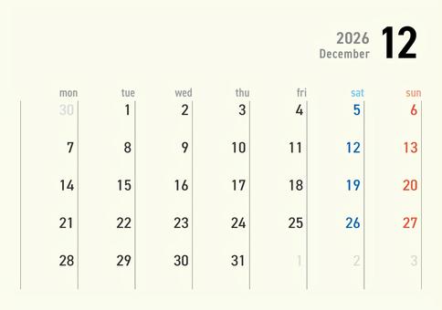 2026年カレンダー12月月曜始まり カレンダー,2026年,2026年カレンダー,12月,師走,december,令和8年,月曜始まり,スケジュール,1年のイラスト素材