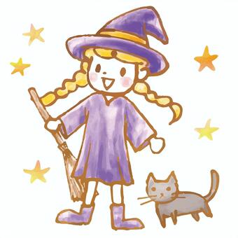 秋イラスト148 女の子,人物,子供,魔女,猫,ハロウィン,10月,秋,かわいい,水彩のイラスト素材