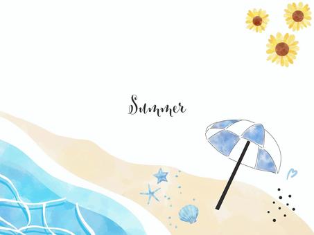 水彩の夏のビーチの背景イラスト 背景,夏,海,フレーム,パラソル,ひまわり,初夏,手描き,水彩,枠のイラスト素材