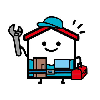 工具を持った便利屋さんな家 家,水道修理,工務店,便利屋さん,レンチ,工具箱,笑顔,帽子,屋根,作業服のイラスト素材