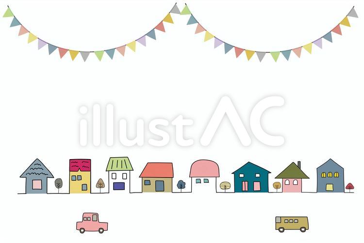 ガーランドと乗用車と住宅街 家,街,町のイラスト素材