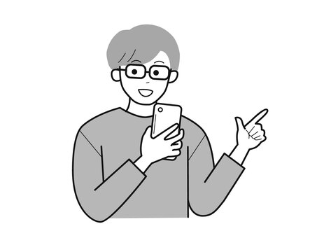 スマホと指差しで話す眼鏡男性2／白黒 上半身,長袖,指差し,スマホ,話す,男性,社会人,パパ,お父さん,学生のイラスト素材