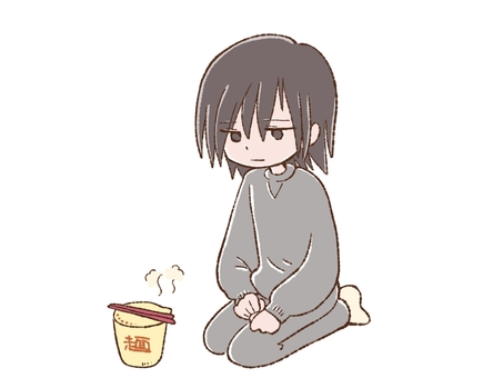 3分待つ陰気な人物 3分,カップ麺,インスタントラーメン,食事,箸,待つ,貧乏,わびしい,ネガティブ,俯くのイラスト素材