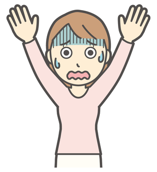 両手を上げて降参する若い女性 降参,女性,女の子,人物,かわいい,バンザイ,挙手,驚く,びっくり,焦るのイラスト素材