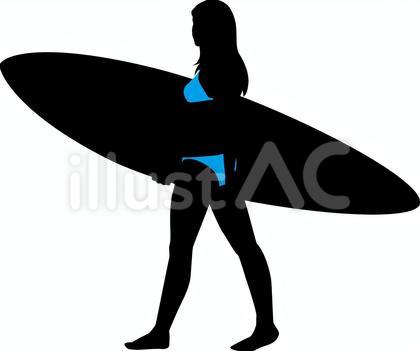 シルエット_サーフボードと女性_シアン