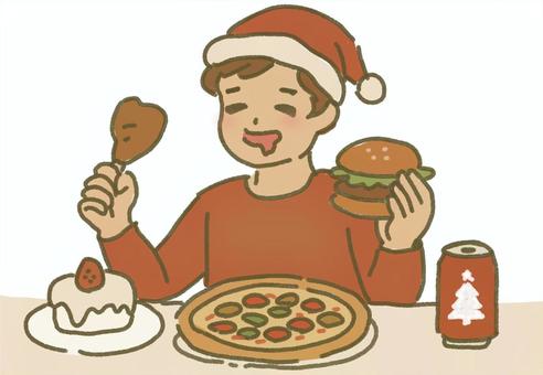 ひとりでクリスマスディナー爆食 クリスマス,サンタクロース,コスプレ,食べ物,食事,孤食,パーティー,骨付き肉,チキン,鶏肉のイラスト素材