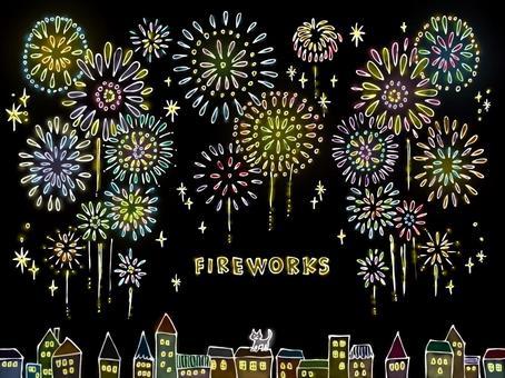 FIREWORKS（２） 花火,花火大会,家,住宅,街,猫,打ち上げ,夜空,空,夜のイラスト素材