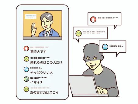 SNSへのコメント偽装 やらせ,コメント,sns,動画,投稿,意見,ステマ,ステルスマーケティング,サクラ,口コミのイラスト素材