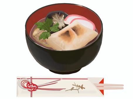お雑煮263-1（箸付き） お雑煮,雑煮,箸,餅,お餅,正月,食べ物,醤油,かまぼこ,椎茸のイラスト素材
