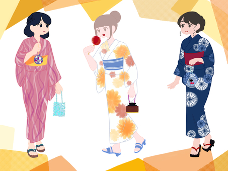 あでやかな浴衣で夏を楽しむ女性3人セット 浴衣,女性,かわいい,手描き,オシャレ,おしゃれ,手書き,夏,サマー,ピンクのイラスト素材
