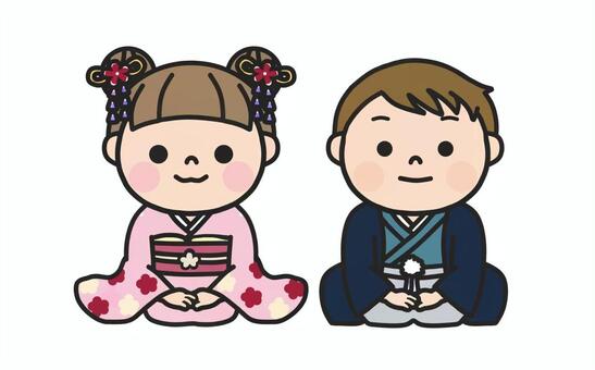 着物姿で並んで正座する男の子と女の子2 お正月,正座,和服,着物,男女,ペア,和装,挨拶,新年,新春のイラスト素材