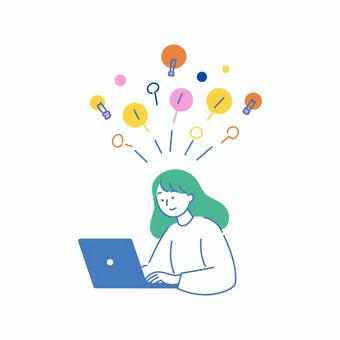 パソコン作業でアイデアがひらめく女性 人物,女性,パソコン,作業,仕事,学習,アイデア,ひらめき,電球,ビジネスのイラスト素材
