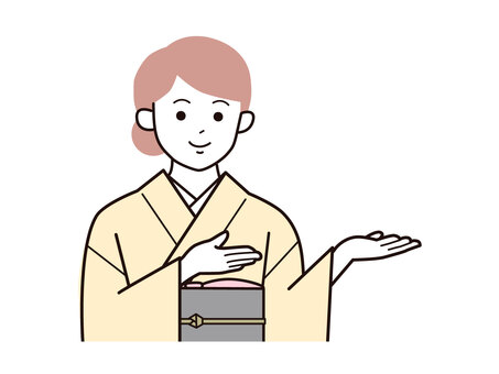両手でどうぞとする着物女性A／カラー 両手,どうぞ,お勧め,女性,お母さん,着物,講師,20代,30代,40代のイラスト素材