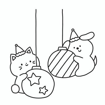 クリスマスオーナメントと猫犬 クリスマス,オーナメント,猫,犬,動物,サンタ,帽子,冬,モノトーン,塗り絵のイラスト素材