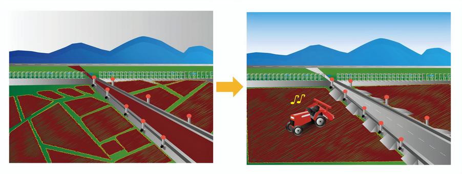 田んぼ農地区画整理ビフォーアフター 区画整理,工事,ビフォー,アフター,集約,トラクタ,田のイラスト素材