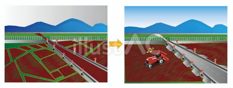 田んぼ農地区画整理ビフォーアフター 区画整理,工事,ビフォーのイラスト素材