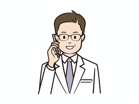 スマホで通話する笑顔の男性医者 医者,病院,クリニック,医療,白衣,ドクター,研究者,研究員,内科,外科のイラスト素材