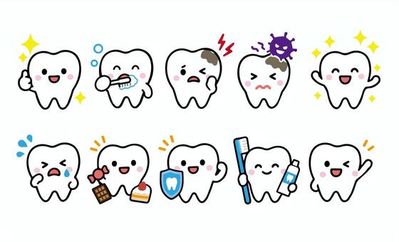 かわいい歯のキャラクター10種類セット 歯,歯医者,歯磨き,虫歯,保険,口腔,医療,衛生,予防のイラスト素材