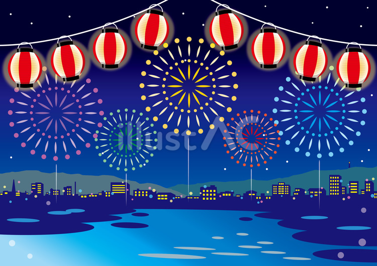 街並みと提灯と花火03_25 夏祭り,花火,はなびのイラスト素材