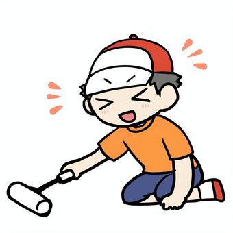 コロコロをかける笑顔の少年 小学生,コロコロ,掃除,笑顔,わくわく,趣味,家事,清掃,にこにこ,楽しいのイラスト素材