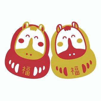 午年の年賀状素材、笑顔の赤と金色の馬達磨