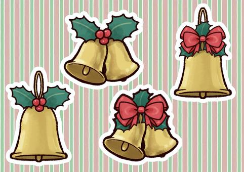 クリスマスベルのイラスト4枚セット クリスマス,ベル,鈴,リボン,ヒイラギ,クリスマスホーリー,飾り,冬,素材,セットのイラスト素材