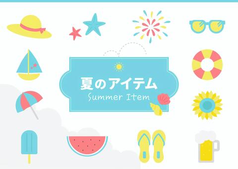 夏の定番アイテムアイコンセット カラフル 夏,アイコン,麦わら帽子,スイカ,ひまわり,ヨット,サングラス,アイス,太陽,雲のイラスト素材