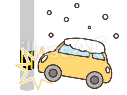 雪の降る中で電柱にぶつかる車