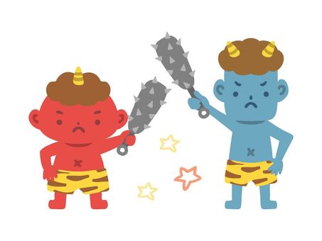 Illustration of a demon holding a cute hand-painted gold rod, setsubun, hand drawn, tiny, JPG, PNG and AI