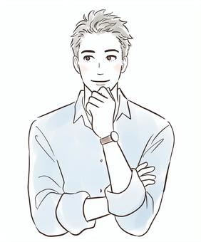 微笑んで何か考える若い男性 男性,人物,考える,思う,想像する,リラックス,笑顔,微笑む,おしゃれ,楽しみのイラスト素材