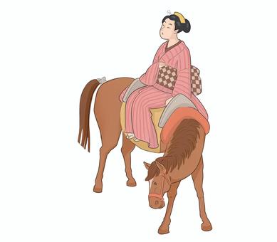馬に乗る着物の女性　江戸時代 馬,江戸時代,着物,女性,茶色,乗る,午,年賀,動物のイラスト素材