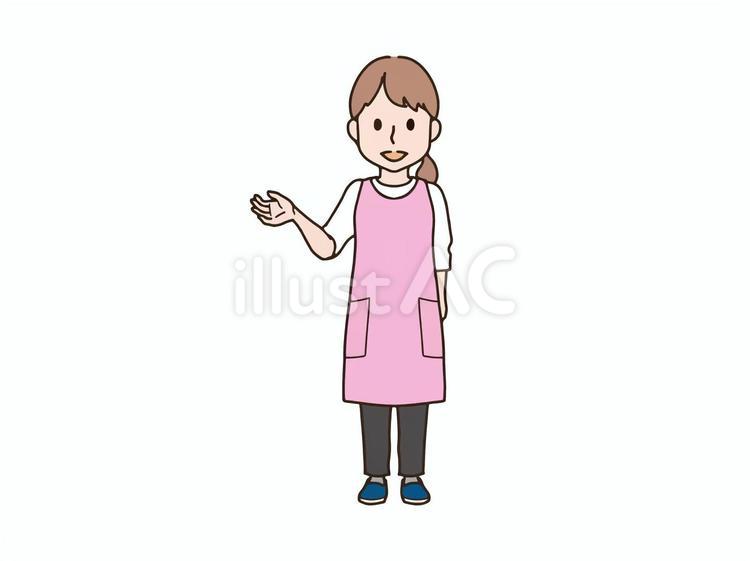 片手を上げる女性_エプロンpink 大人,女性,全身のイラスト素材