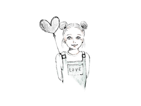 ハートの風船と女の子 風船,女の子,子供,線画,おしゃれ,パステルカラーのイラスト素材