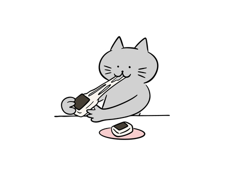 お餅を食べる猫（カラー） 猫,餅,磯辺焼き,磯辺餅,海苔,食事,暮らし,かわいい,ゆるい,手描きのイラスト素材