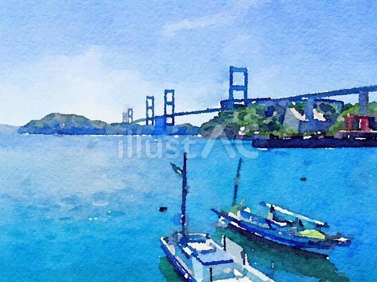 しまなみ海道の橋と漁船と海と島の風景 しまなみ海道,橋,海のイラスト素材