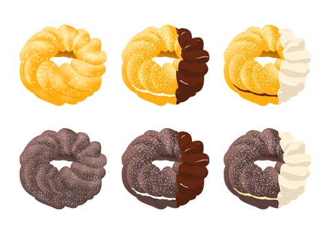 フレンチクルーラー セット フレンチドーナツ,ショコラ,洋菓子,スイーツ,ドーナツ,おやつ,お菓子,甘い,食べ物,シュガーのイラスト素材