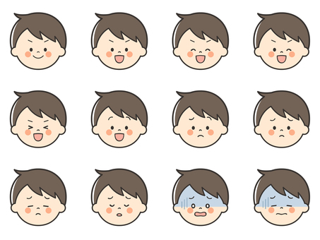 男の子のいろいろな表情アイコン01 男の子,男子,困る,不安,悩む,落ち込む,焦る,不調,悲しむ,がっかりのイラスト素材