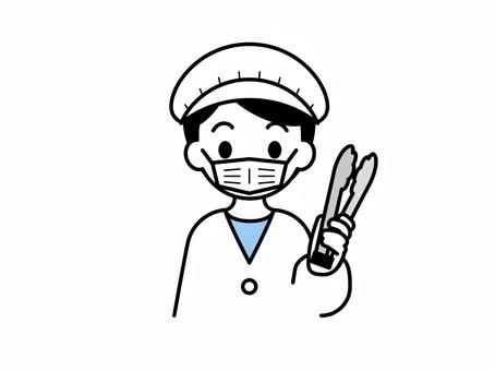 トングを持った給食当番の子ども03 人物,子ども,保育園,幼稚園,こども園,福祉施設,給食,当番,白衣,マスクのイラスト素材