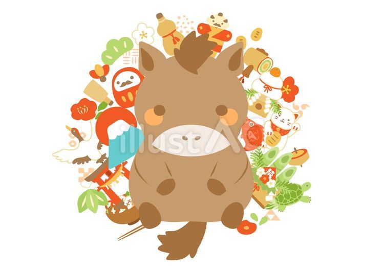 かわいいウマとお正月のイラスト お正月,馬,干支のイラスト素材