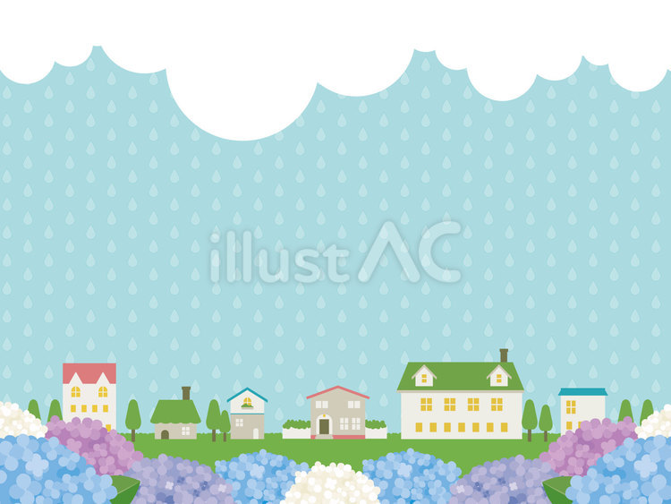 雨の日の紫陽花と街並みフレーム あじさい,街並み,雨のイラスト素材