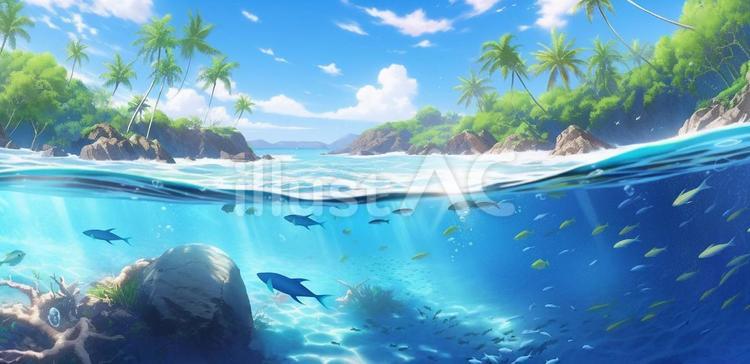 南国の海＿水中と陸地が見えるアニメ背景 南国,海,海中のイラスト素材