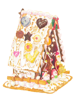水彩色鉛筆で描いたお菓子の家 食べ物,水彩,水彩色鉛筆,手描き,お菓子の家,スイーツ,お菓子,ケーキ,チョコレート,クッキーのイラスト素材