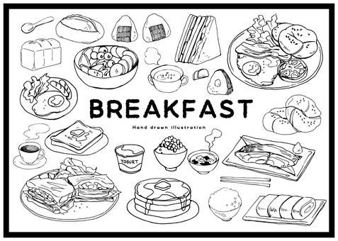 手書きの朝食イラストセット 手書き,食べ物,朝食,和食,洋食,パン,食パン,おにぎり,目玉焼き,サンドイッチのイラスト素材