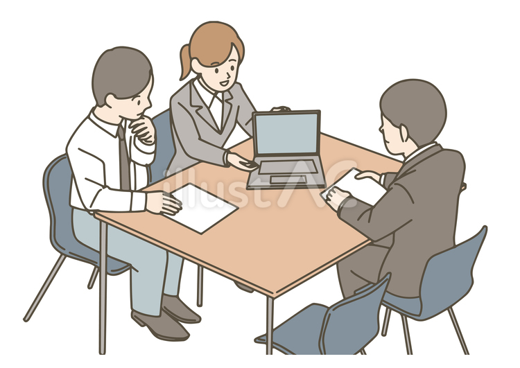 パソコンを使って説明を行う女性社員と同僚 会議,ミーティング,打ち合わせのイラスト素材
