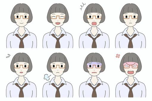 女性の表情／喜怒哀楽（知的なメガネ女性）	 表情,喜怒哀楽,女性,30代,イラスト,アイコン,顔,女,女の子,アバターのイラスト素材