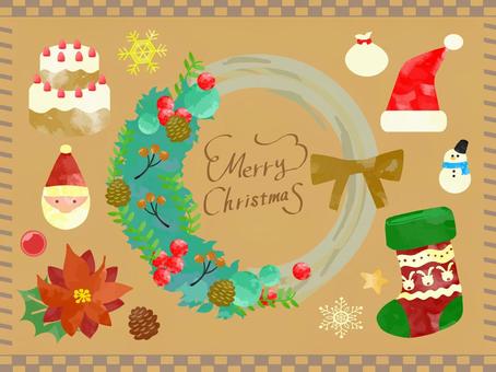 クリスマスイラストセット手書き水彩画1２ クリスマス,サンタクロース,水彩画,手描き,枠,フレーム,セット,飾り枠,花,プレゼントのイラスト素材