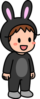 黒のうさぎコスの男の子です。 うさぎ,着ぐるみ,シンプル,コスプレ,コスチューム,動物,ぬいぐるみ,イベント,パーティー,黒のイラスト素材