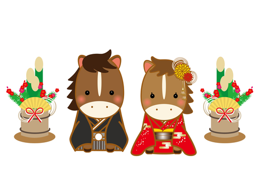 着物を着た馬の男女と門松 年賀状,2026年,馬,午年,門松,夫婦,カップル,干支,正月,着物のイラスト素材